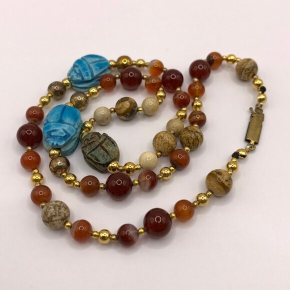 Carnelian Jasper Aqua Scarab Vintage Handmade Beaded Necklace J699 - Picture 3 of 11
